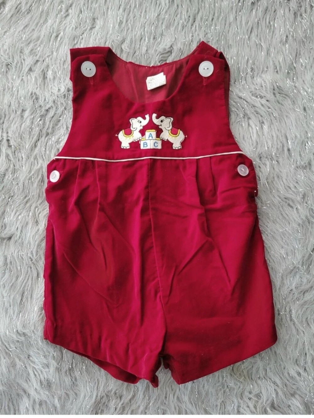 Vintage MCM Baby Velvet One Piece Overalls Red White Embroidered Elephant 18 M